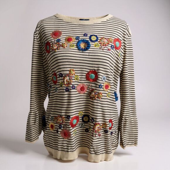 Talbots Floral Row Embellished Crewneck Sweater Size M Soft Classic Knit - Picture 2 of 6